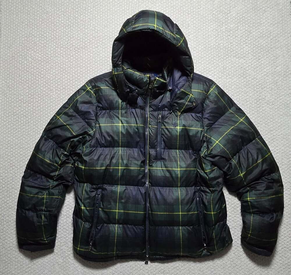 Polo Ralph Lauren Plaid Down Puffer Jacket Green Navy Hooded